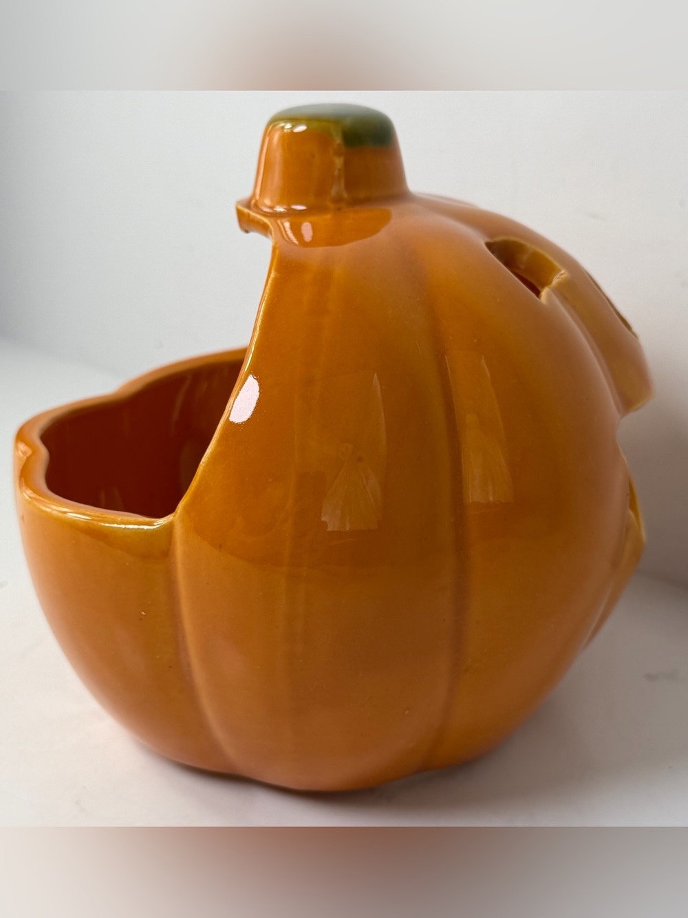 Vintage Ceramic Jack O Lantern Candy Bowl Planter Halloween Pumpkin 6.5” Glazed - Picture 3 of 10